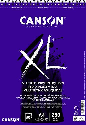 Canson XL, Papel fluido Mixed Media, Suave, 250g, Espiralados sobre el lado corto, A4-21x29,7cm, Extra Blanco, 30 Hojas