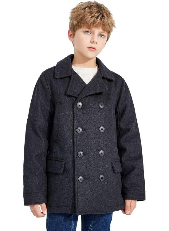 SOLOCOTE Niños Invierno Lana Blend Abrigo de guisante Niños Cuello con muescas Doble Pechera alargada Abrigo trench