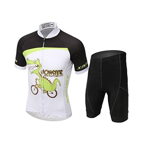 YFPICO Niños Niñas Conjuntos Maillots de Bicicleta Top de Manga Corta + Pantalones Traje de Ciclismo, Blanco + Negro, 116