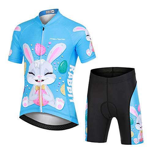 YFPICO Traje de Ciclismo Niño/Niña Maillot Transpirable para Deportes al Aire Libre,Bicicleta Camiseta Manga Corta + Pantalon Corto con Asiento Acolchado, Azul #4, 122/128