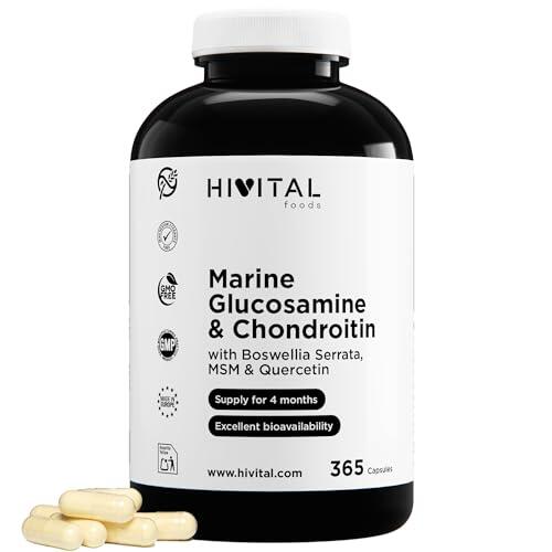 Glucosamina con Condroitina. 365 cápsulas para 4 meses de tratamiento. Con 1500 mg de Glucosamina Marina 2KCL, Condroitina Marina, MSM, Boswellia Serrata y Quercetina. Fabricado en España por HIVITAL