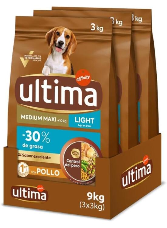 Ultima Medium-Maxi Light In Fat Pollo, Comida seca para perros, Pack de 3 x 3kg, Total 9kg