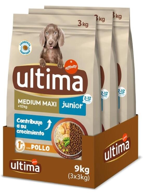 Ultima Medium-Maxi Junior Pollo, Comida seca para perros, Pack de 3 x 3kg, Total 9kg