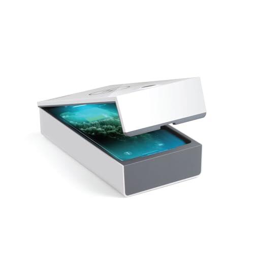 Technaxx Caja de desinfección UV TX-148 para teléfonos móviles y objetos - Eficiencia de esterilización del 99,9%, cámara de aceite aromático, carga inalámbrica de 5W para todos los teléfonos móviles