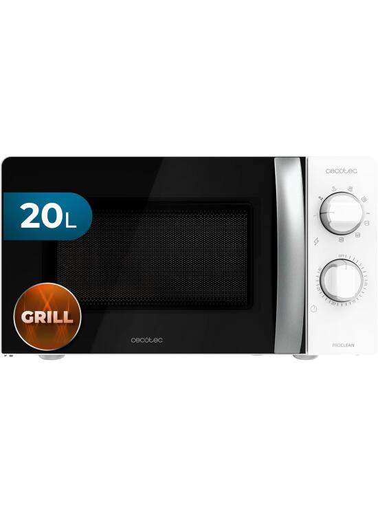 Cecotec Microondas con Grill ProClean 2110. 700W con 6 Niveles de Potencia, Capacidad 20 L, Función Grill, Tecnología 3DWave, Modo Descongelación, Temporizador hasta 30mins