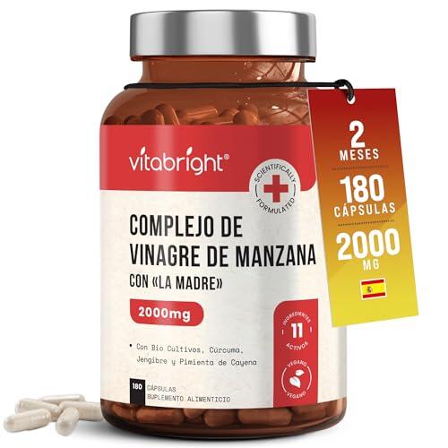 Vinagre de Manzana con la Madre | Cápsulas de 2000 mg | 2 Meses (180 Cápsulas) | Vinagre de Sidra Con 5 Cepas de Fermentos Lácticos, Especias Ecológicas e Inulina | VitaBright Apple Cider Vinegar