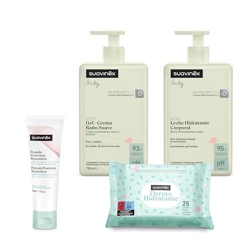 Suavinex, Pack Cosmética para Bebés Gran Formato, 4 Productos | Con: Gel-Champú Suave 750 ml + Leche Hidratante 750 ml + Pomada Pañal 30 ml + Pack Toallitas 25 uds. Ideal Recién Nacidos