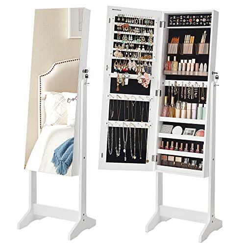 SONGMICS Espejo Joyero, Armario para Joyas, Armario Joyero con 2 Organizadores de Cosméticos de Pie, Espejo sin Marco, con Cerradura y Llaves, para Pedientes, Collares, Blanco JJC002W01