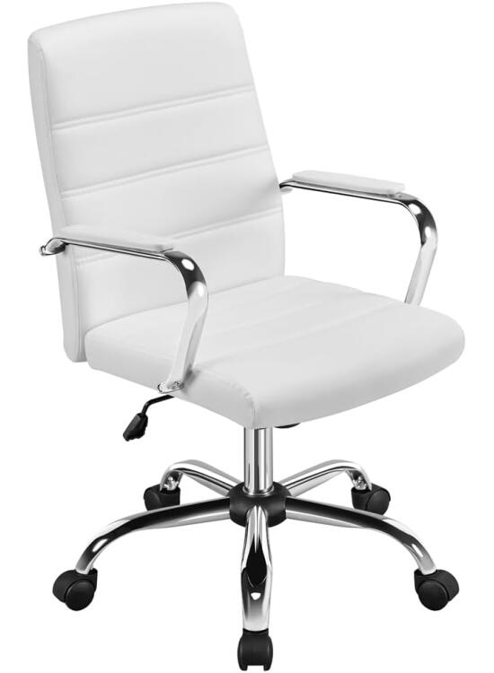 Yaheetech Silla Giratoria de Oficina Sillón de Trabajo con Respaldo Tapizado Asiento Sintético Altura Ajustable Blanco
