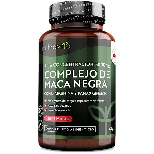 Maca Negra Andina de Alta Resistencia 5000mg - 180 Cápsulas Veganas- con L-arginina y Ginseng, Antioxidante para mejorar Espermatozoide, Memoria y Fatiga - Suministro de 6 Meses -Nutravita