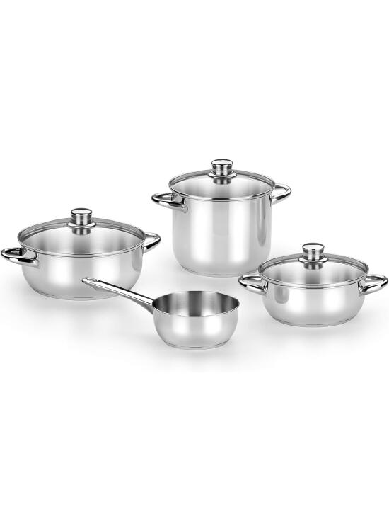 MONIX Optima Batería de 7 Piezas Acero INOX 18/10 Apta para Todo Tipo de Cocina e Inducción: Olla 20 cm Cacerola 20 y 24 cm Cristal y cazo 16 cm sin Tapa