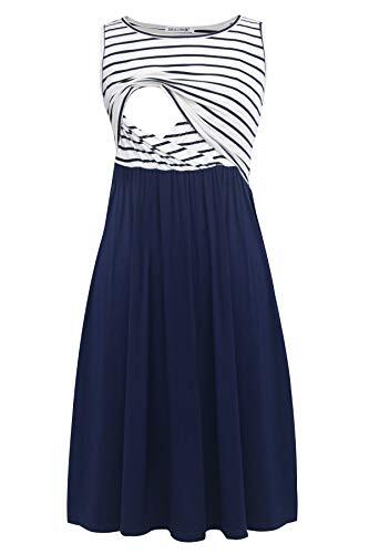 Smallshow Mujer Vestido de Lactancia de Maternidad, en Capas, con Bolsillos Navy Stripe-Navy Medium