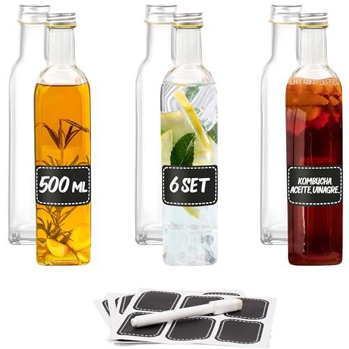 Praknu 6 Botellas Cristal 500ml con Tapón Rosca Hermético - Con 6 Etiquetas y Rotulador - Botella Vidrio para Licores Caseros, Aceite & Vinagre