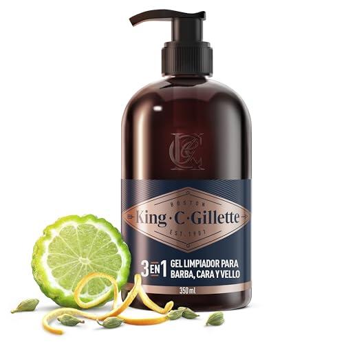 King C. Gillette Gel 3 en 1 para Barba, Rostro y Pelo Hombre con Agua de Coco, Aceite de Argán y Aceite de Aguacate, Limpia e Hidrata, Aroma Refrescante, Cuidado de La Barba, 350 ml