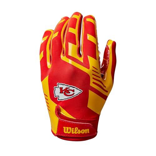 Wilson Guantes de Fútbol Americano Youth NFL Stretch Fit, Ajuste Seguro y un Agarre Firme, Tela Transpirable, Diseño Energético, Equipo: Kansas City Chiefs, Color: Rojo/Amarillo, Talla Juvenil
