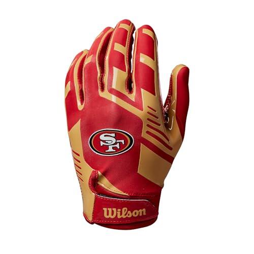 Wilson Guantes de Fútbol Americano AD NFL, Ajuste Elástico, Ajuste Seguro y Agarre Firme, Transpirable, Rendimiento Óptimo, Equipo: San Francisco 49ers, Color: Rojo/Dorado, Talla para Adulto