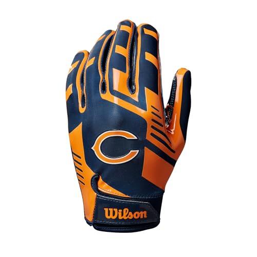 Wilson, Guantes de Fútbol Americano AD NFL con Ajuste Elástico, Agarre Firme, Hechos con Tela Transpirable, Rendimiento Óptimo, Equipo: Chicago Bears, Color: Azul/Naranja, Talla para Adulto