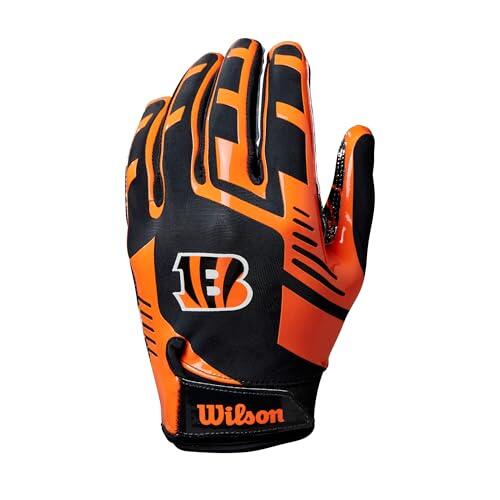 Wilson Guantes de Fútbol Americano AD NFL Stretch Fit, Ajuste Seguro y Agarre Firme, Tela Transpirable, Rendimiento Óptimo, Equipo: Cincinnati Bengals, Color: Negro/Naranja, Talla para Adulto