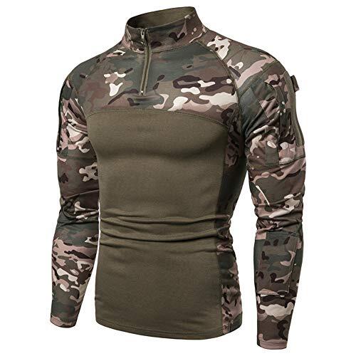 Camisa táctica de manga larga con cremallera de 1/4 para hombre, estilo militar, camisa de combate con bolsillos, ropa de aire libre, para caza, camping, senderismo, Camo Verde, XL