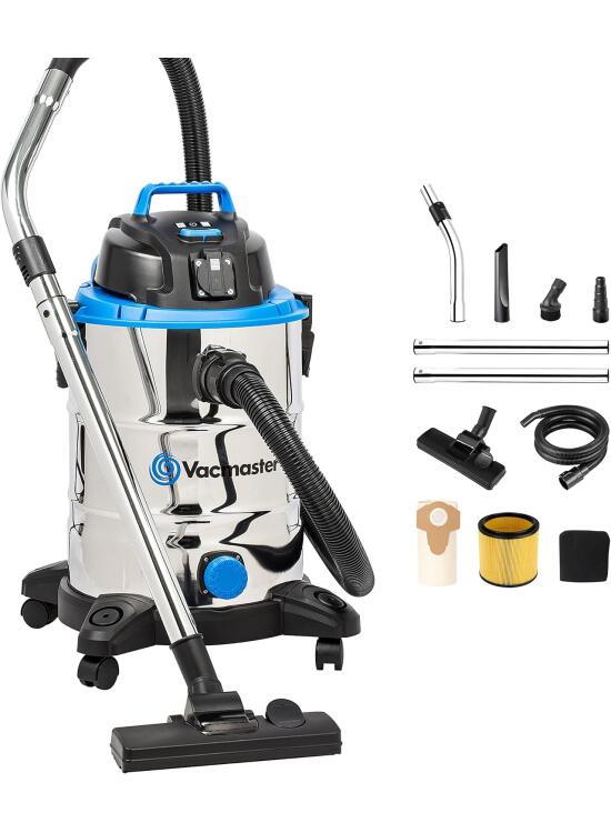 Vacmaster VQ1530SFDC 1500W 30L Aspirador en seco y húmedo, Industrial de Acero Inoxidable, Función De Soplador, Toma De Corriente con Herramientas Eléctricas