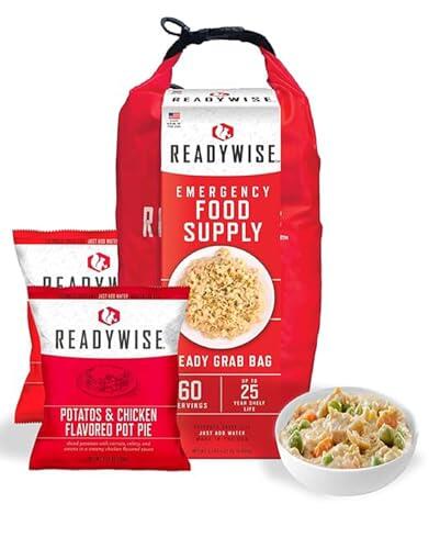 ReadyWise, 60 raciones, desayuno, comida y cena, bolsa seca Grab & Go, liofilizado, hasta 25 años de vida útil, alimentos de emergencia