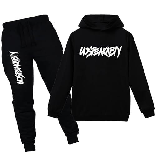 amropi Chándal Niños 2 Piezas Set Sudadera con Capucha y Pantalones Deportivo Jogging Adolescentes Conjunto Ropa (Negro,12-13 años, etiqueta 170)