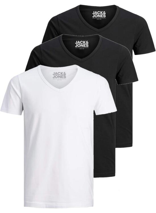 Jack and Jones - Camiseta básica para hombre, cuello de pico, paquete de 3 unidades, color liso, corte ajustado, en blanco, negro, azul y gris