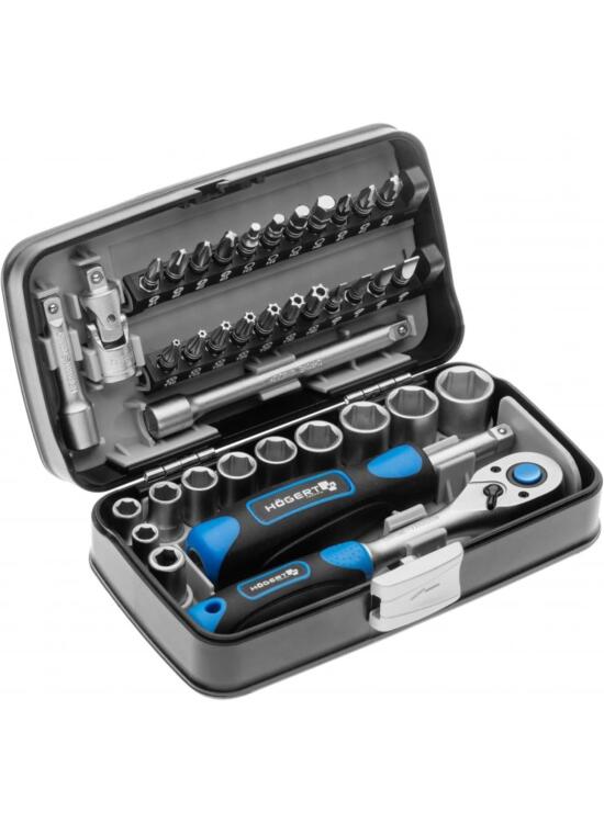 Högert Technik - Pequeño Juego de Herramientas, Caja de Herramientas, Maletin Herramientas, Juego de Llaves de Vaso y Equipamiento 1/4, Mecanismo de Trinquete con 72 Dientes - HT1R462, 38 Piezas