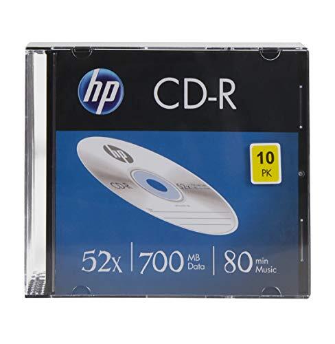 HP CD-R - 52 Discos en Blanco (80 minutos/700 MB), Paquete de 10 Discos Delgados con Caja de joyería