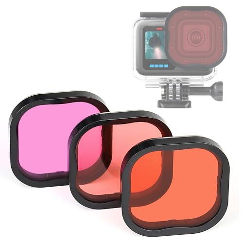 GEPULY Paquete de 3 filtros de Buceo para GoPro Hero12 11 10 9 8 Carcasa Impermeable (Rojo, Rojo Claro, filtros Magenta) corrección de Color Profesional en Buceo Profundo, esnórquel, fotografía