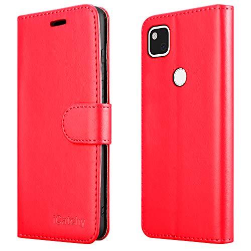 iCatchy Para Google Pixel 4a Caso Cartera de cuero Libro Flip Folio Stand View Cover Pouch para Google Pixel 4a (rojo)