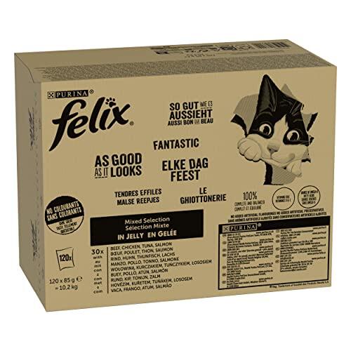 Felix Fantastic comida húmeda gato 120x85 g | Bocaditos en gelatina con carne de res, pollo, salmón y atún
