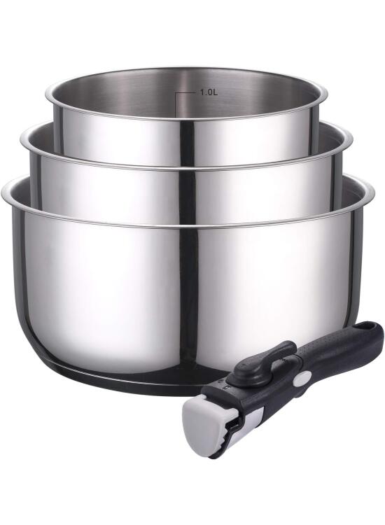 KAMBERG Juego de 3 Cacerolas en inoxidable 16 / 18 / 20 cm, mango extraíble, todo tipo de fuentes de calor, incluida la inducción