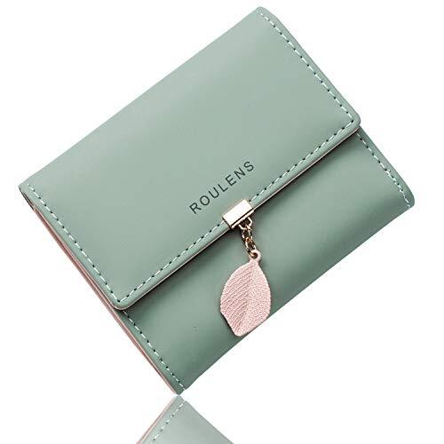 Roulens Cartera de Mujer con RFID Monedero Corto Adorno Hoja Colgante Cartera Minimalista con Bolsillo de Cremallera para Monedas