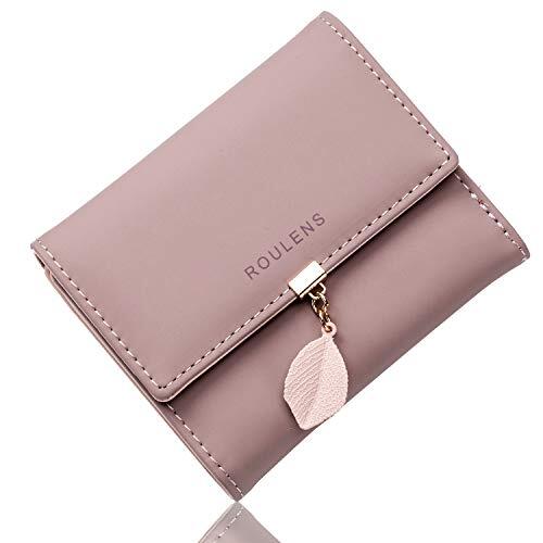 Roulens Cartera de Mujer con RFID Monedero Corto Adorno Hoja Colgante Cartera Minimalista con Bolsillo de Cremallera para Monedas
