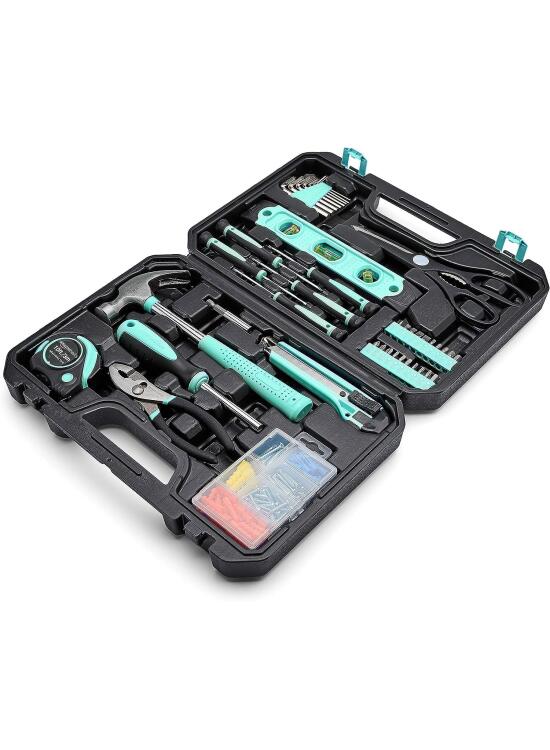 Amazon Basics - Kit de herramientas para el hogar con estuche, 142 unidades, Azul Turquesa, 34 x 23,5 x 7,5 cm