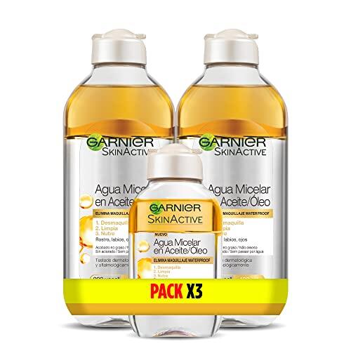 Garnier Skin Active Agua Micelar En Aceite, Elimina El Maquillaje De Larga Duración Y Waterproof, Desmaquilla, Limpia Y Nutre Labios, Ojos Y Rostro, Sin Acabado Graso, Pack 2X400Ml +1 X100Ml