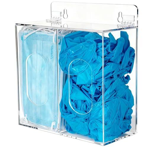 SEANADO Dispensador acrílico de PPE – Soporte para guantes y máscaras faciales montado en la pared o mesa con tapa – Caja dispensadora de plástico transparente para guantes desechables, redecillas