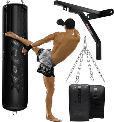 RDX Saco de Boxeo Adulto Relleno 5FT, 2PC 3PC 4PC Cuero Maya Hide Punching Bag Set con Guantes, Cadena y Soporte de Pared, Bolsa Punch para Artes Marciales Muay Thai Boxing, Hogar Gimnasio Fitness