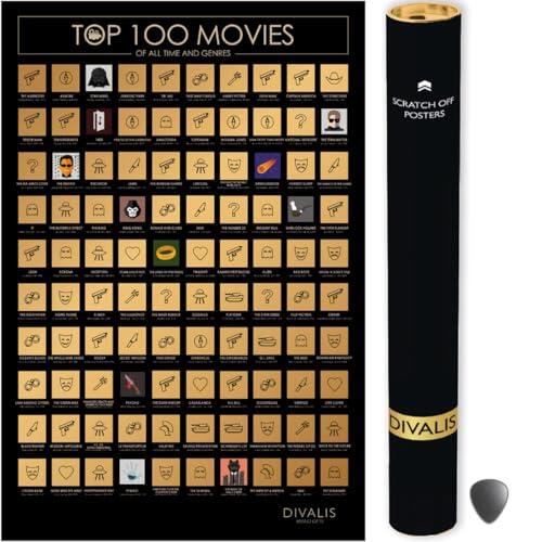Póster de las 100 Mejores Películas Para Rascar - Lista de Filme Más Grandiosas Para Ver - Póster Rascable de Lista de Cine - Calendario de Desafío de Películas - Top 100 Movies Scratch off Poster