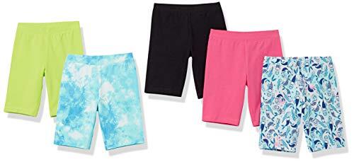 Amazon Essentials Pantalón Corto de Ciclismo de Altura Media Niña, Pack de 5, Azul Sirenas/Negro/Rosa/Teñido Anudado/Verde, 10 años