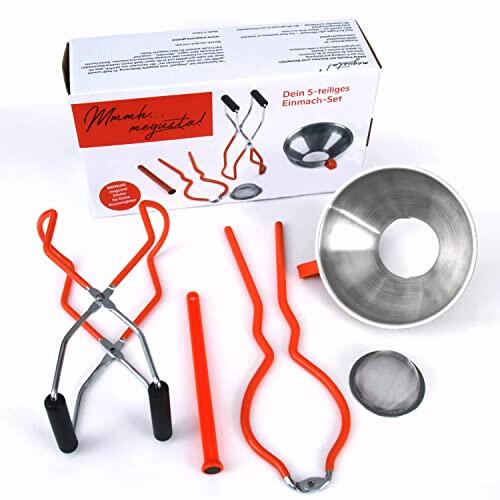 megusta!® Juego de conservas de 5 piezas | embudo de acero inoxidable | colador | elevador de tarros | pinzas para abrir tapas | imán para tapas | herramientas perfectas para conservación