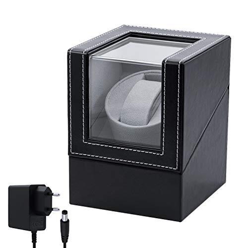 Mcbazel Cajas Giratorias para Relojes Automáticos, Enrollador de Relojes Silencioso Motor, Watch Winder Doble Alimentación (Adaptador/Batería), Acabado en Cuero PU - Negro