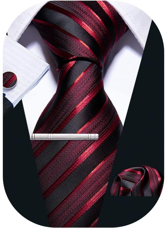 Barry.Wang Solid Ties Set Pocket Square Cufflinks Stripe Necktie Classic