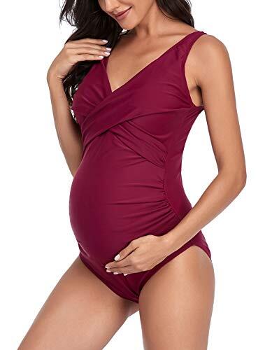 SUMMERSUNSHINE Traje de baño de Maternidad de una Pieza con Parte Delantera Cruzada para Embarazo, Traje de baño de Maternidad Rojo Vino S