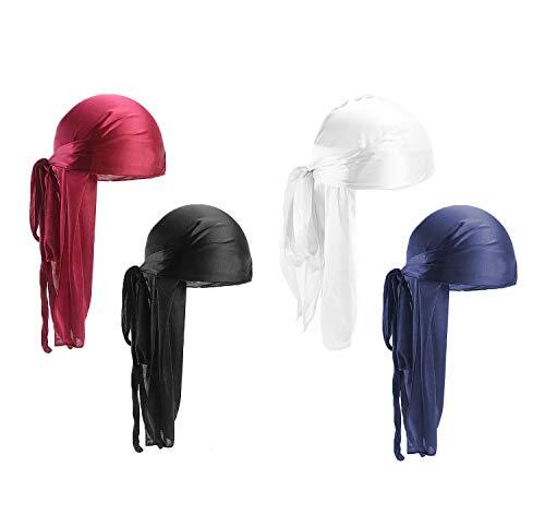 Paquete de 4 Long Tail Durag, Unisex Durag Headwraps Anchas Correas Pirata Gorra de quimio contra la pérdida de Cabello Bandana Turbante para Mujeres y Hombres Hip-Hop y decoración Diaria.