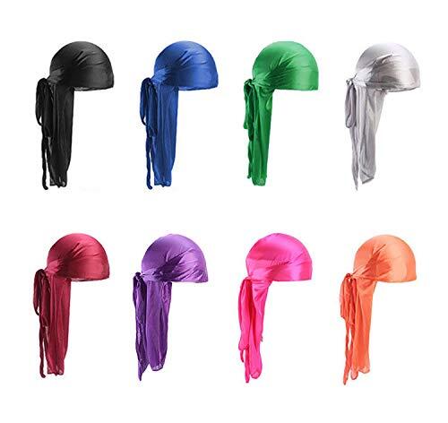 Paquete de 8 Long Tail Durag, Unisex Durag Headwraps Anchas Correas Pirata Gorra de quimio contra la pérdida de cabello Bandana Turbante para mujeres y hombres Hip-hop y decoración diaria.