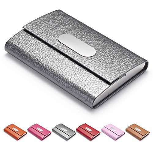 FACATH Tarjetero de visita piel sintética y acero inoxidable, tarjetero de nombre de empresa, cartera para tarjetas crédito, bolsillo metal, portatarjetas de visita con cierre magnético, color rosa