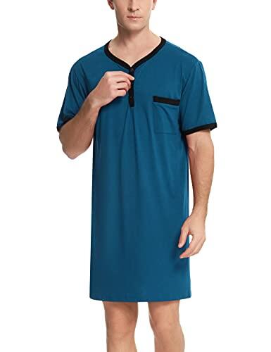 Enjoyoself Pijama de algodón para Hombre, Suave, Transpirable, Longitud hasta la Rodilla, Camisa de Noche de Manga Corta, Ropa de Dormir para Descansar, Tipo1-azul, M