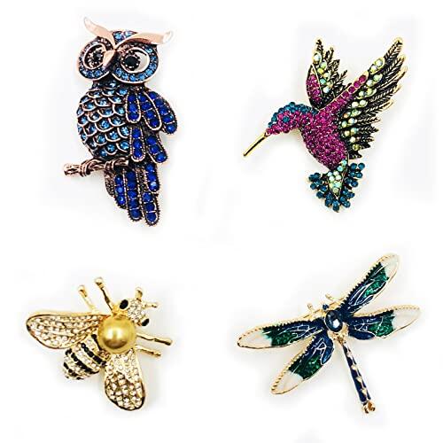 4 Broches de Mujer: Animales Coloridos Broche de Cristal - Búho, Abeja, Libélula, Colibrí para Decoración de Ropa